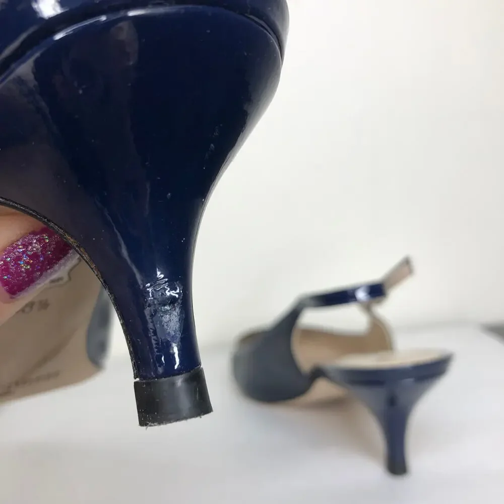 L.K. Bennett Shoe Sling Back Kitten Heel Cut Out Pointed Toe Navy Blue Chic 38.5
